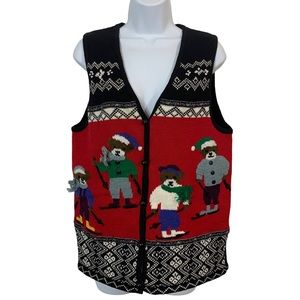 CAPACITY Vintage Christmas Ski Bear Button Up Sweater Vest Sz M